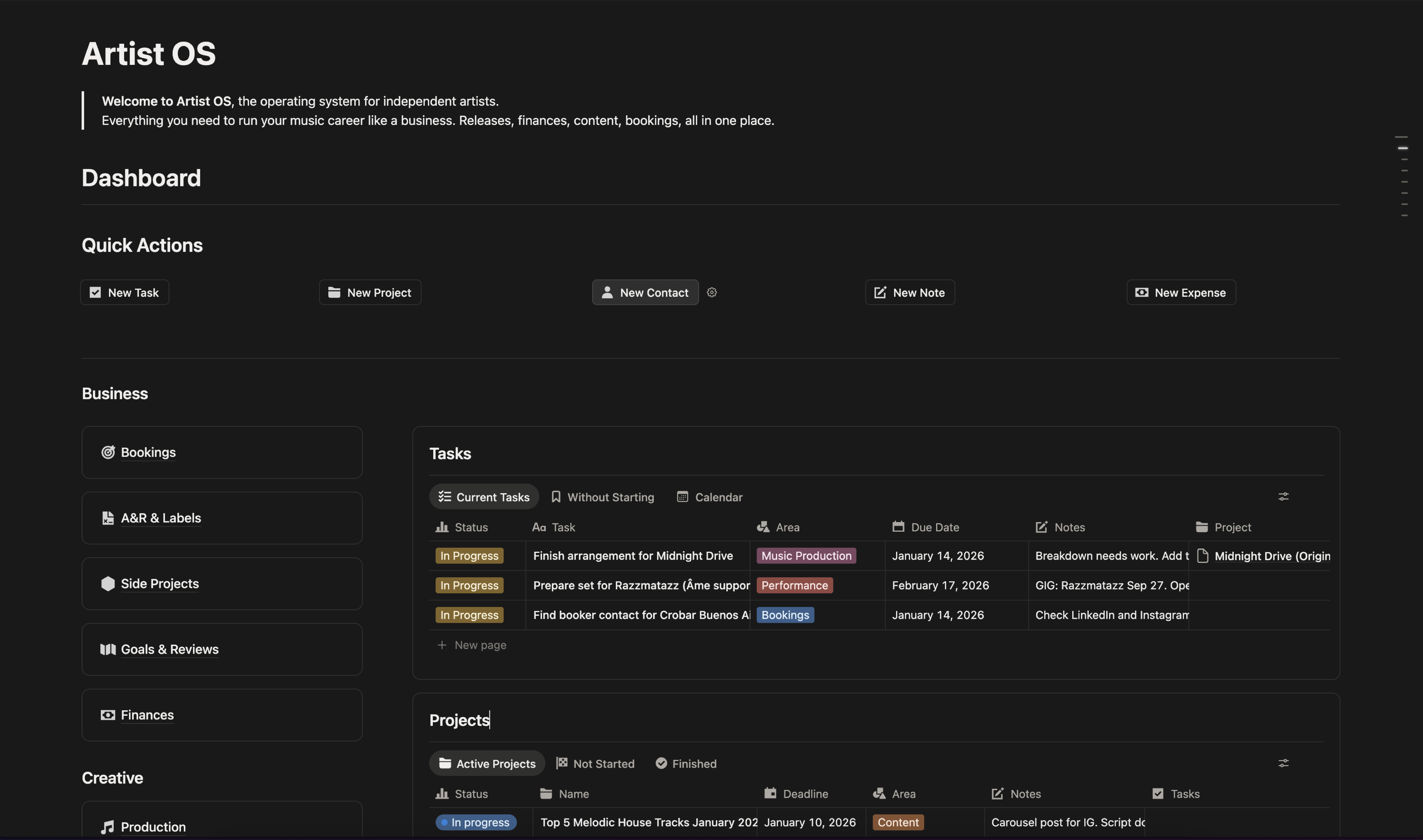 ArtistOS 2.0 Notion template dashboard showing tasks, projects, and business modules
